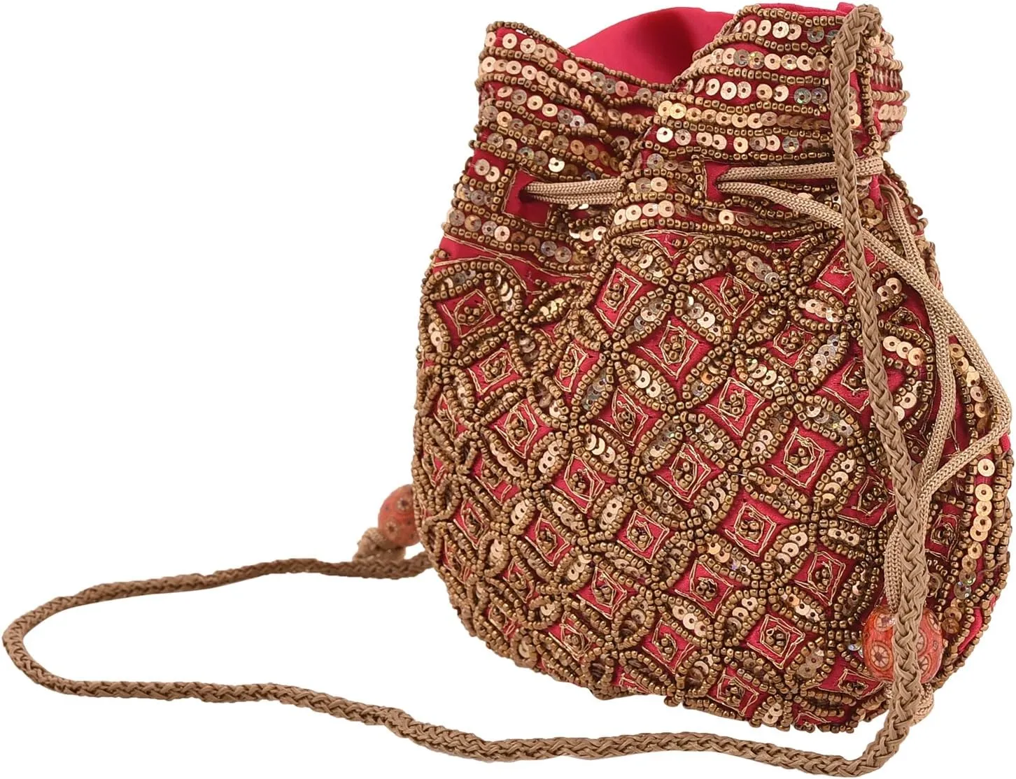 Craft Trade Women's Cotton Embroidered Potli Bag with Drawstring and Pearl Handle Pouch Golden Work Ladies Purse for Bridal