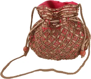 Craft Trade Women's Cotton Embroidered Potli Bag with Drawstring and Pearl Handle Pouch Golden Work Ladies Purse for Bridal