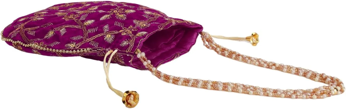 Craft Trade Women's Cotton Embroidered Potli Bag with Drawstring and Pearl Handle Pouch Golden Work Ladies Purse for Bridal