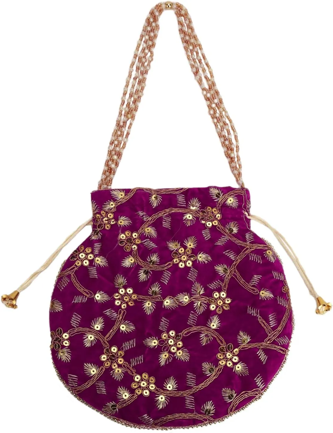 Craft Trade Women's Cotton Embroidered Potli Bag with Drawstring and Pearl Handle Pouch Golden Work Ladies Purse for Bridal