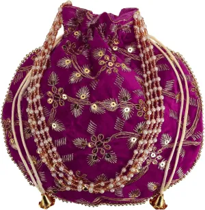 Craft Trade Women's Cotton Embroidered Potli Bag with Drawstring and Pearl Handle Pouch Golden Work Ladies Purse for Bridal