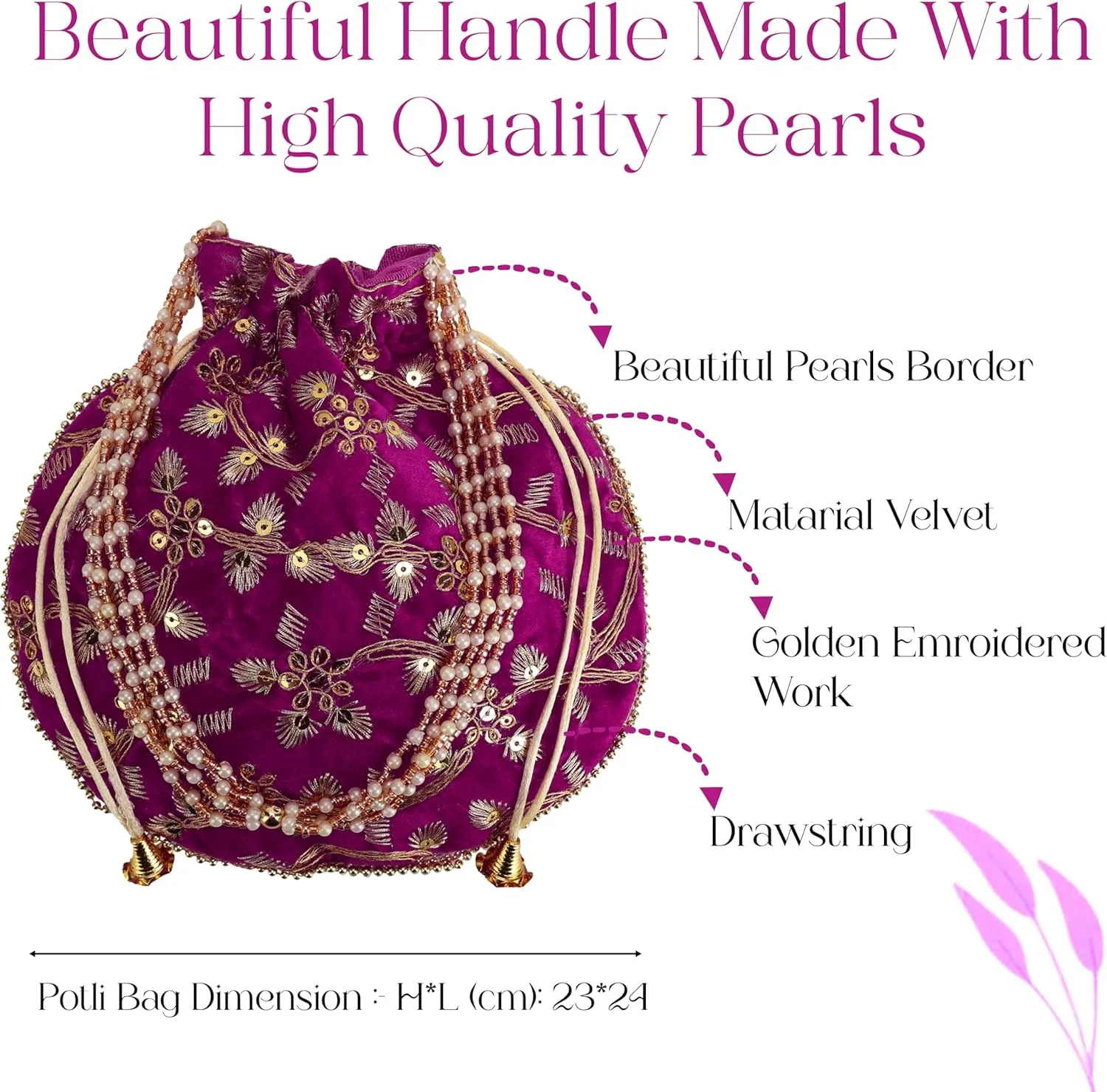 Craft Trade Women's Cotton Embroidered Potli Bag with Drawstring and Pearl Handle Pouch Golden Work Ladies Purse for Bridal