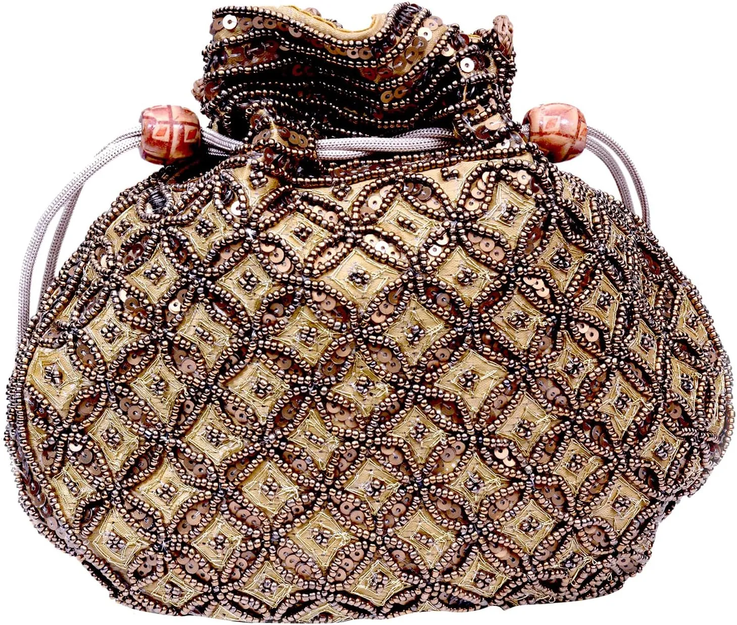 Craft Trade Women's Cotton Embroidered Potli Bag with Drawstring and Pearl Handle Pouch Golden Work Ladies Purse for Bridal