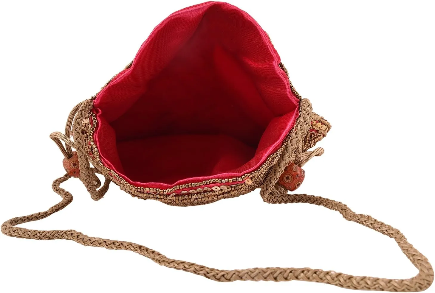 Craft Trade Women's Cotton Embroidered Potli Bag with Drawstring and Pearl Handle Pouch Golden Work Ladies Purse for Bridal
