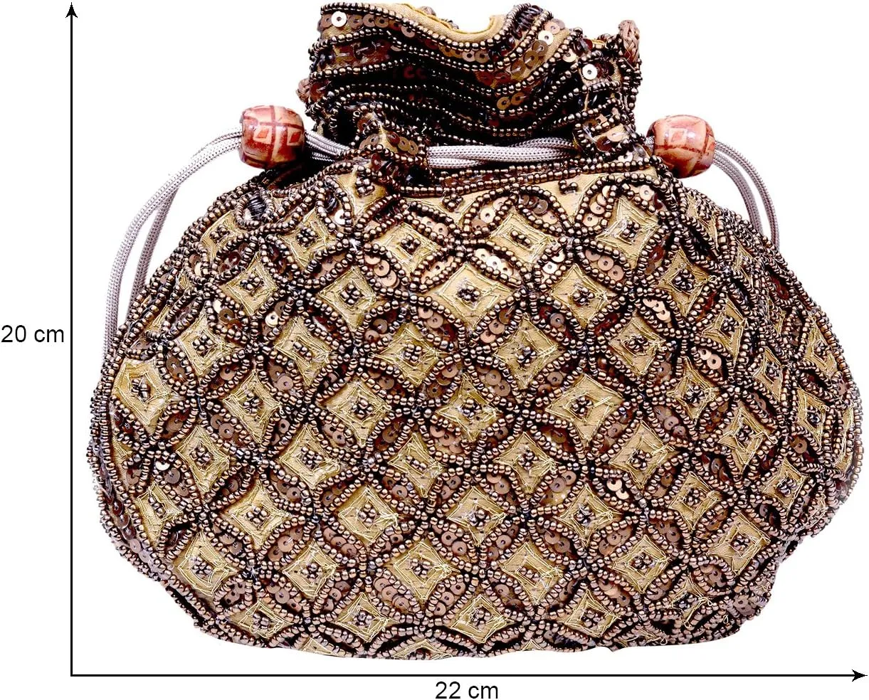 Craft Trade Women's Cotton Embroidered Potli Bag with Drawstring and Pearl Handle Pouch Golden Work Ladies Purse for Bridal