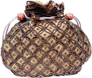 Craft Trade Women's Cotton Embroidered Potli Bag with Drawstring and Pearl Handle Pouch Golden Work Ladies Purse for Bridal