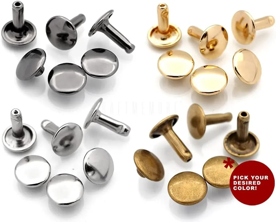 CRAFTMEMORE 9mm Cap x 12mm Post Leather Rivet Double Cap Rivets Tubular Metal Rapid Rivet Studs Leather Craft 50 Sets (12 mm Post, Antique Brass)