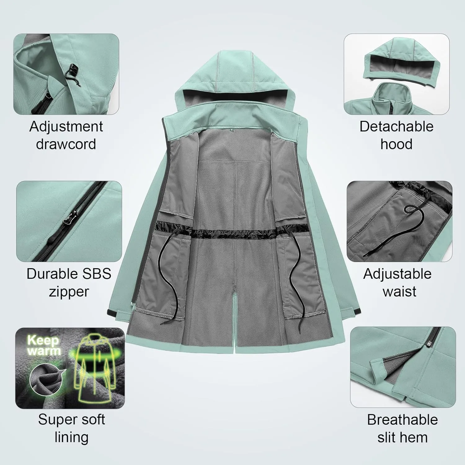CREATMO US Women's Lightweight Waterproof Long Softshell Tactical Jacket Fleece Lined Windbreaker
