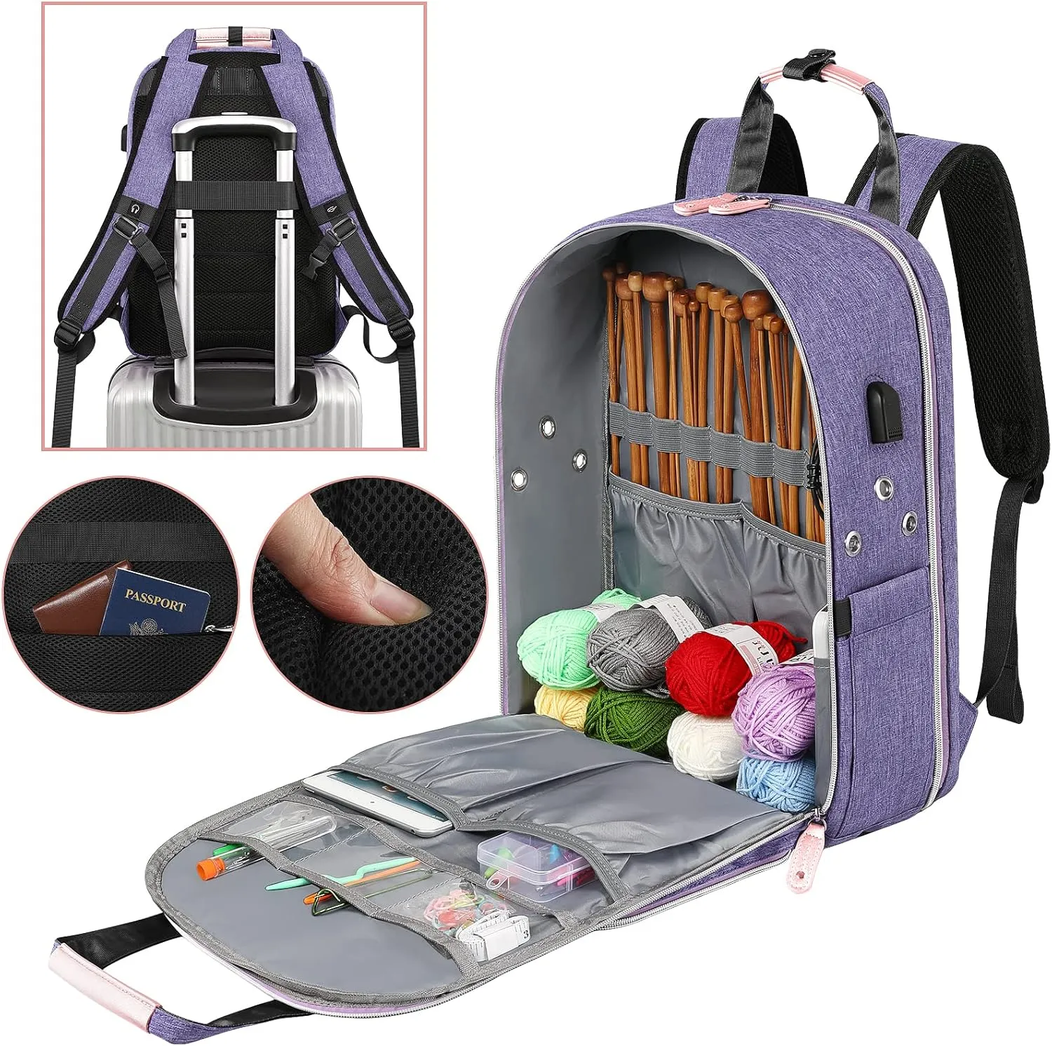 Crochet Bag, Knitting Bag Backpack and Totes Organizer with USB Charging Port, Large Yarn Storage Tote Bag