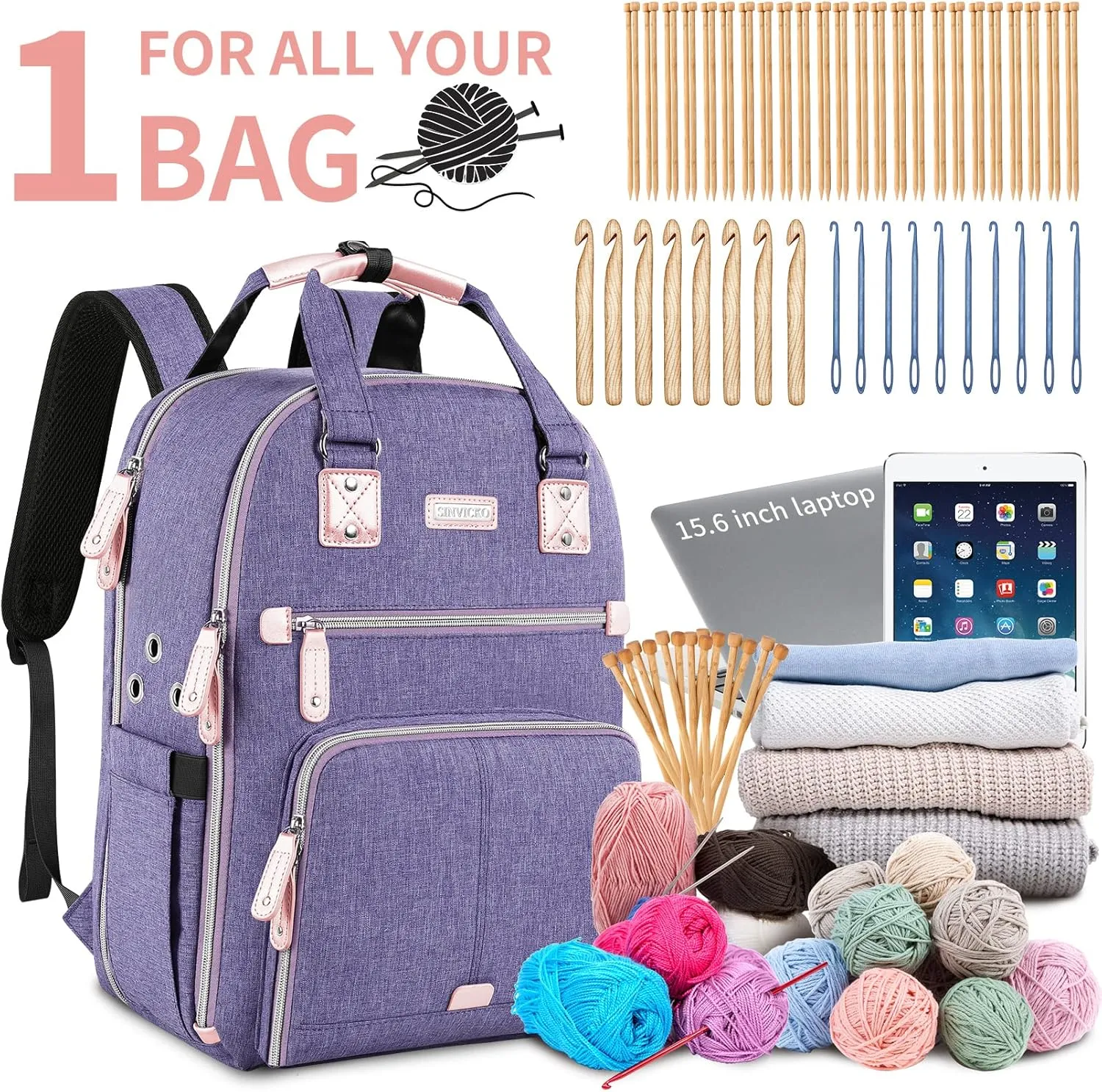 Crochet Bag, Knitting Bag Backpack and Totes Organizer with USB Charging Port, Large Yarn Storage Tote Bag