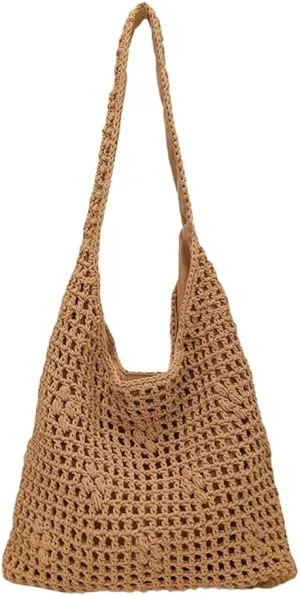 Crochet Beach Bag Women 2025 Summer Knit Hollow Hobo Bag Stylish Tote Handbags for Beach Travel Everyday Use