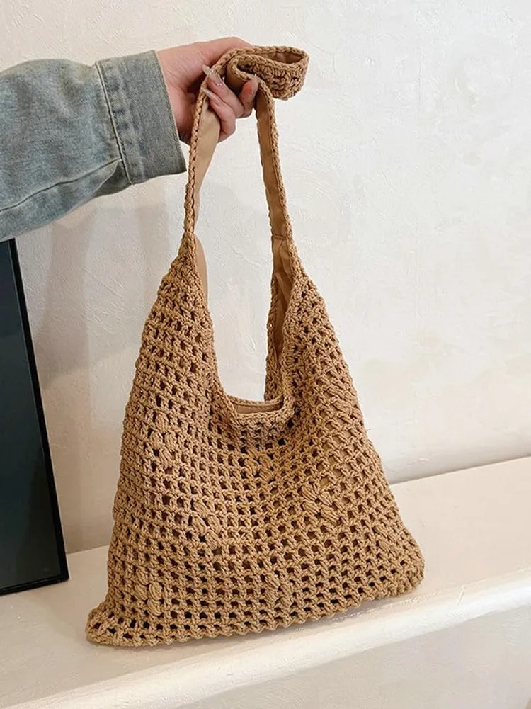 Crochet Beach Bag Women 2025 Summer Knit Hollow Hobo Bag Stylish Tote Handbags for Beach Travel Everyday Use