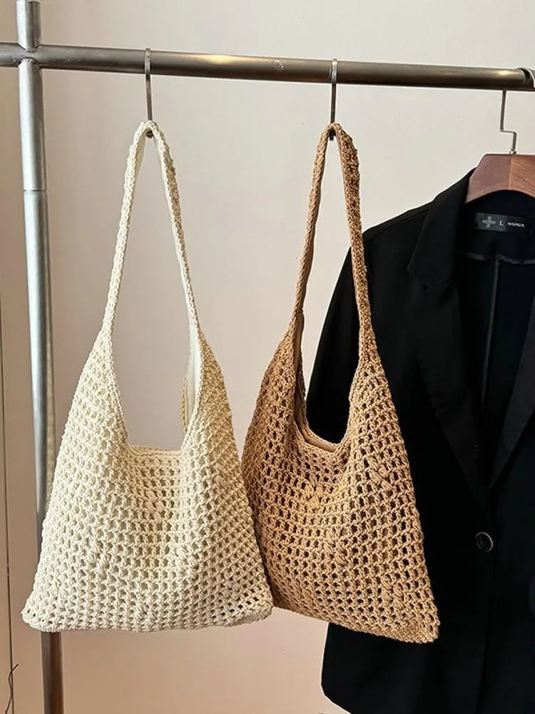 Crochet Beach Bag Women 2025 Summer Knit Hollow Hobo Bag Stylish Tote Handbags for Beach Travel Everyday Use