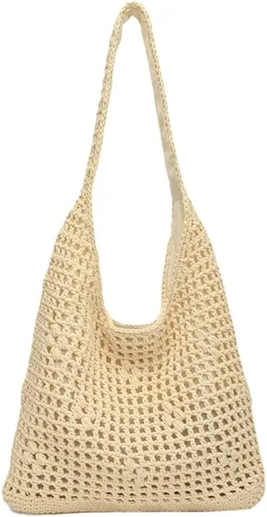 Crochet Beach Bag Women 2025 Summer Knit Hollow Hobo Bag Stylish Tote Handbags for Beach Travel Everyday Use