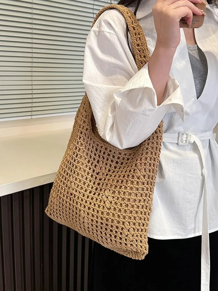 Crochet Beach Bag Women 2025 Summer Knit Hollow Hobo Bag Stylish Tote Handbags for Beach Travel Everyday Use