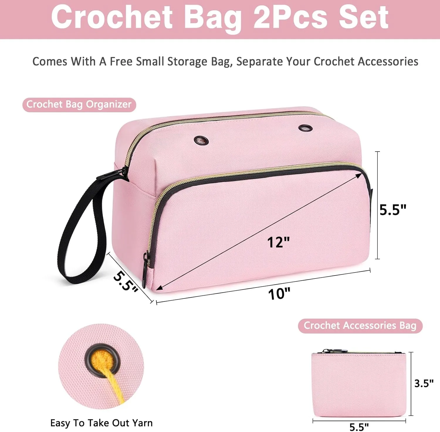 Crochet Yarn Knitting Bag 2 Pcs - IBFUN Yarn Storage Organizer Crocheting Bags for Beginners with Hand Wrist for Crochet Accessories Needles Hooks Knitting