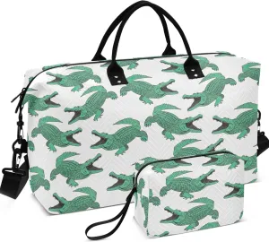 Crocodile Animal Design Travel Bag Duffel Cosmetic Bags Set, Print Women Sports Bags Overnight Bags