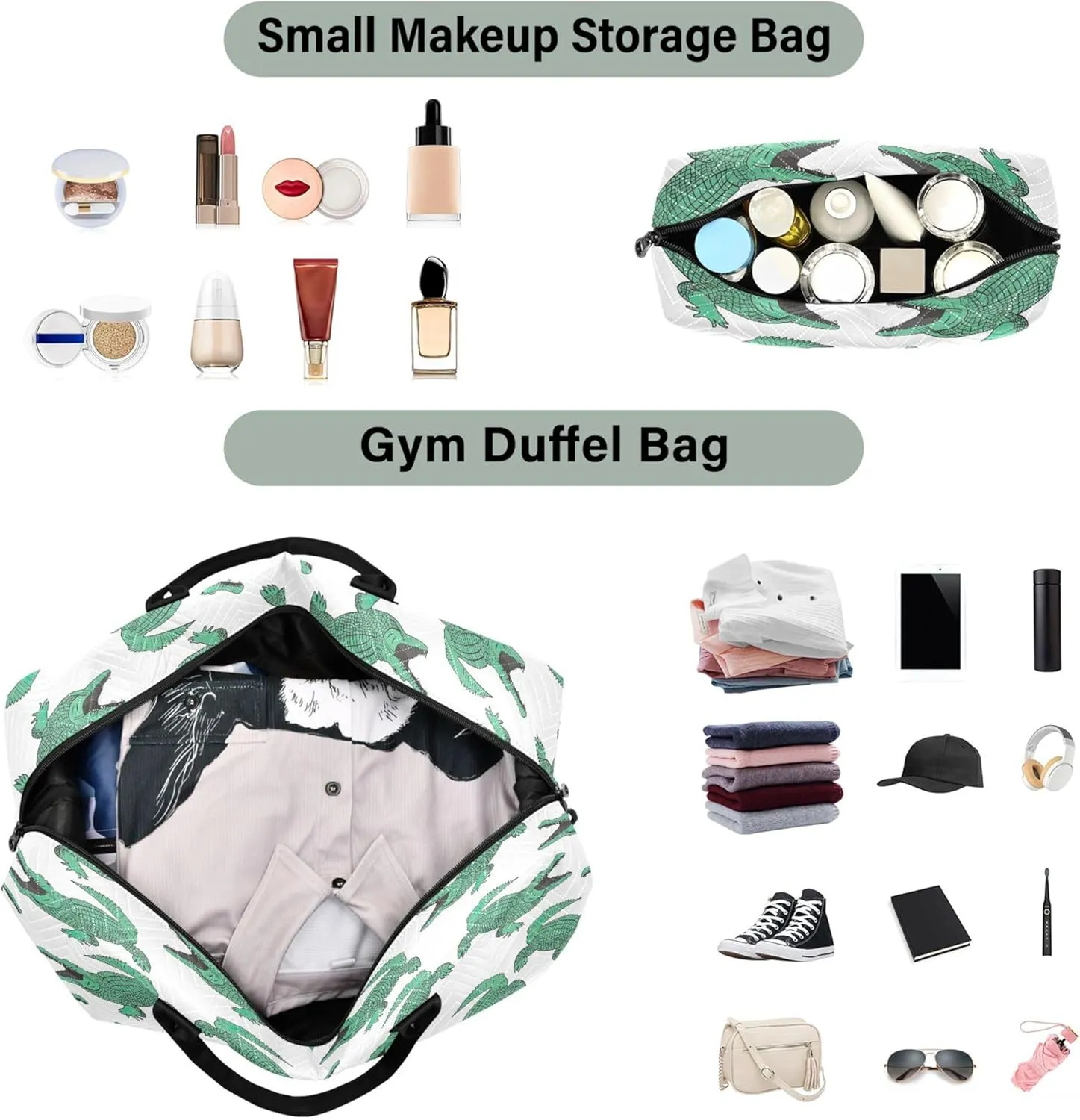 Crocodile Animal Design Travel Bag Duffel Cosmetic Bags Set, Print Women Sports Bags Overnight Bags