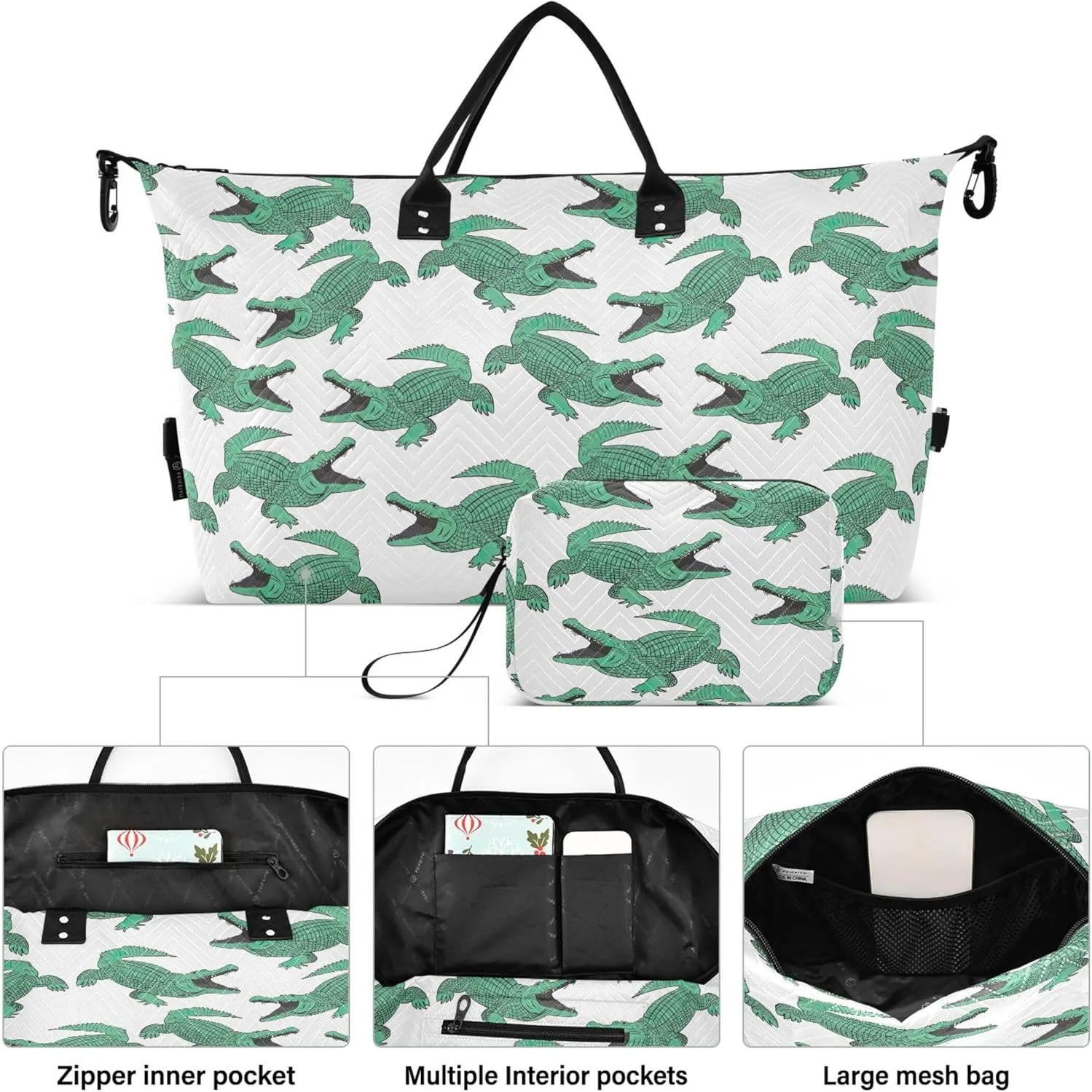 Crocodile Animal Design Travel Bag Duffel Cosmetic Bags Set, Print Women Sports Bags Overnight Bags
