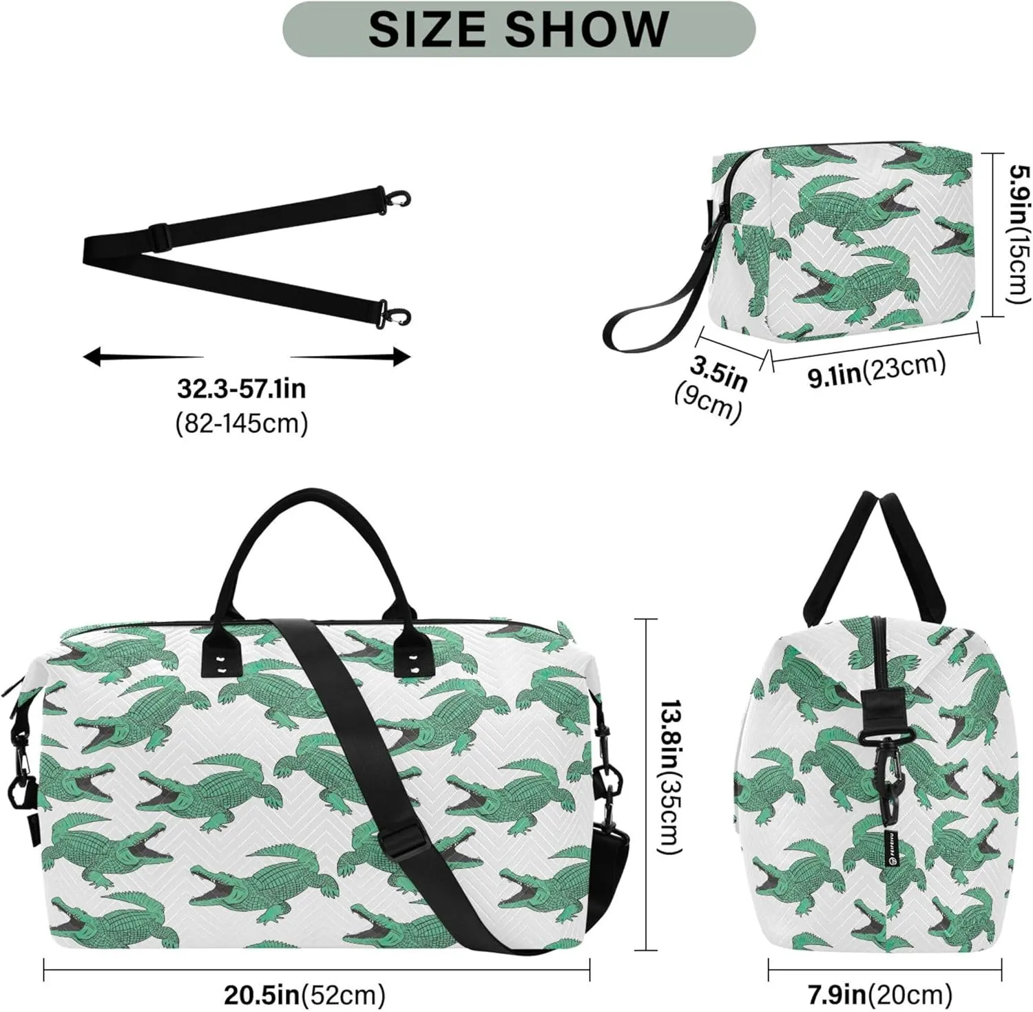 Crocodile Animal Design Travel Bag Duffel Cosmetic Bags Set, Print Women Sports Bags Overnight Bags