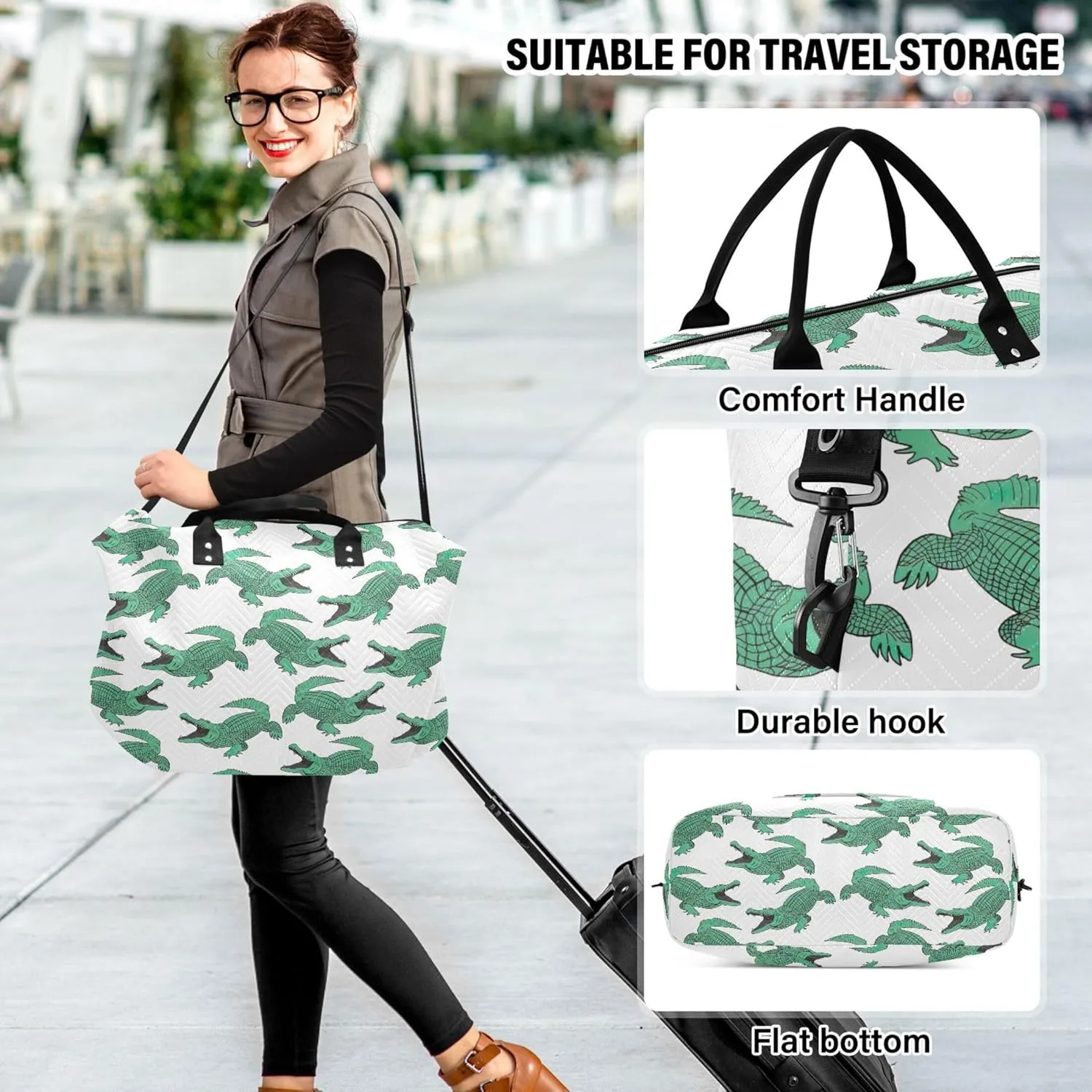 Crocodile Animal Design Travel Bag Duffel Cosmetic Bags Set, Print Women Sports Bags Overnight Bags