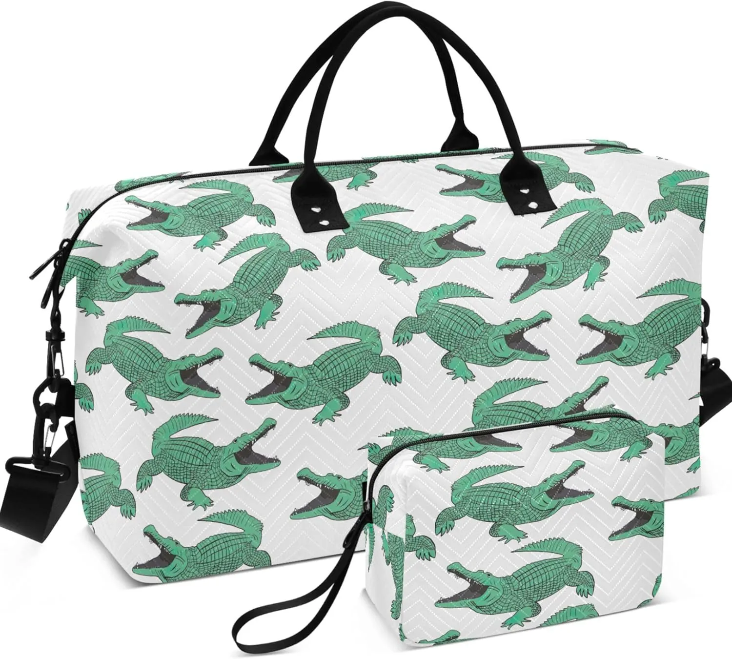 Crocodile Animal Design Travel Bag Duffel Cosmetic Bags Set, Print Women Sports Bags Overnight Bags