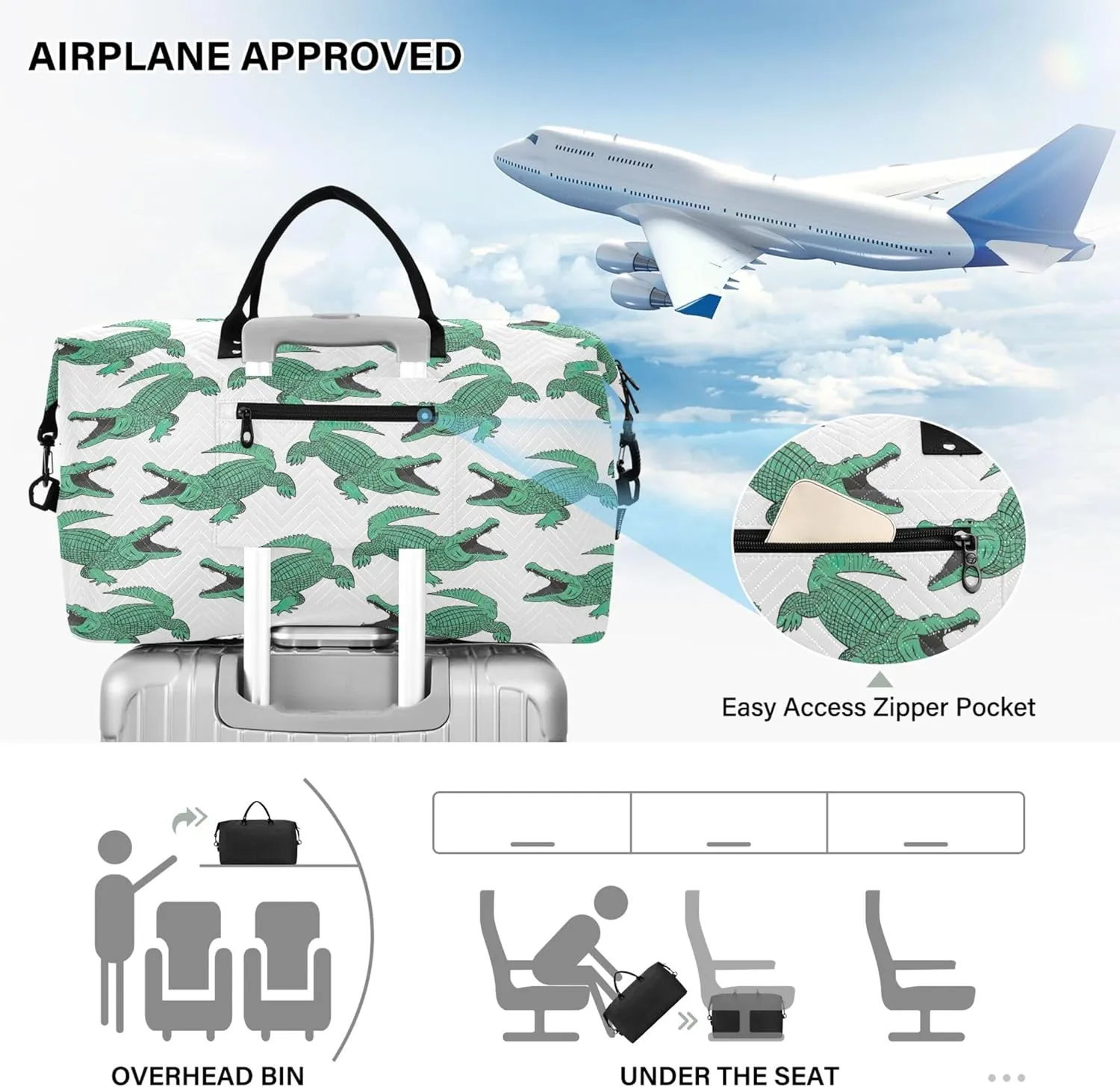 Crocodile Animal Design Travel Bag Duffel Cosmetic Bags Set, Print Women Sports Bags Overnight Bags