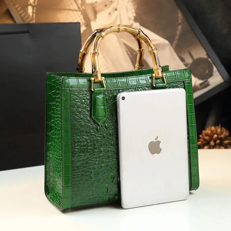 Crocodile Pattern Genuine Leather Structured Bag with Bamboo Handles