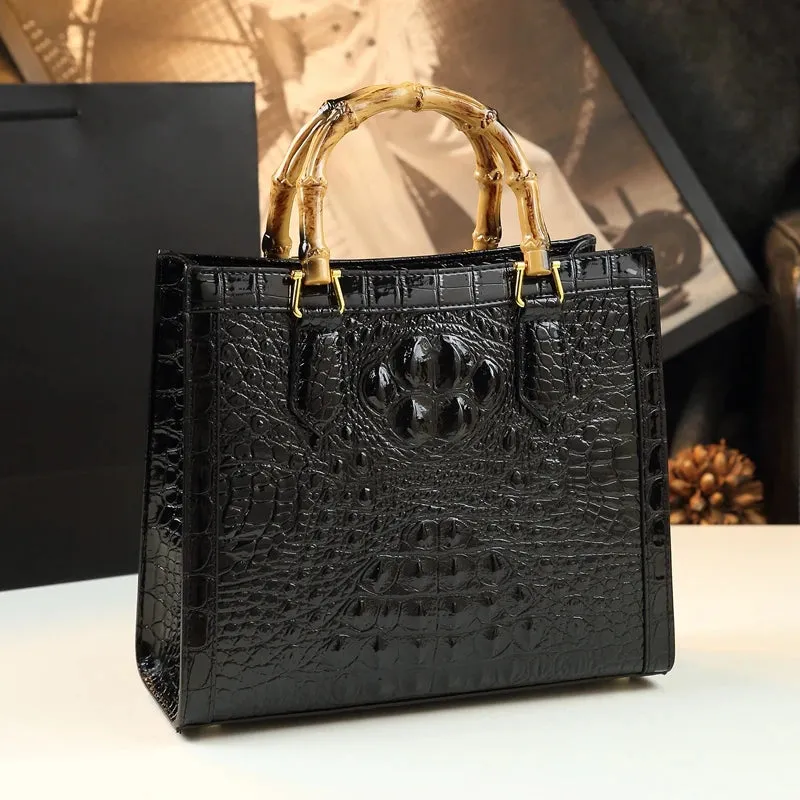 Crocodile Pattern Genuine Leather Structured Bag with Bamboo Handles