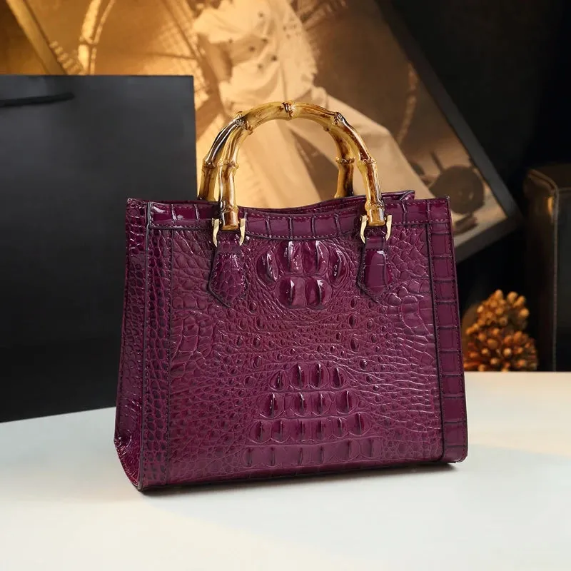 Crocodile Pattern Genuine Leather Structured Bag with Bamboo Handles