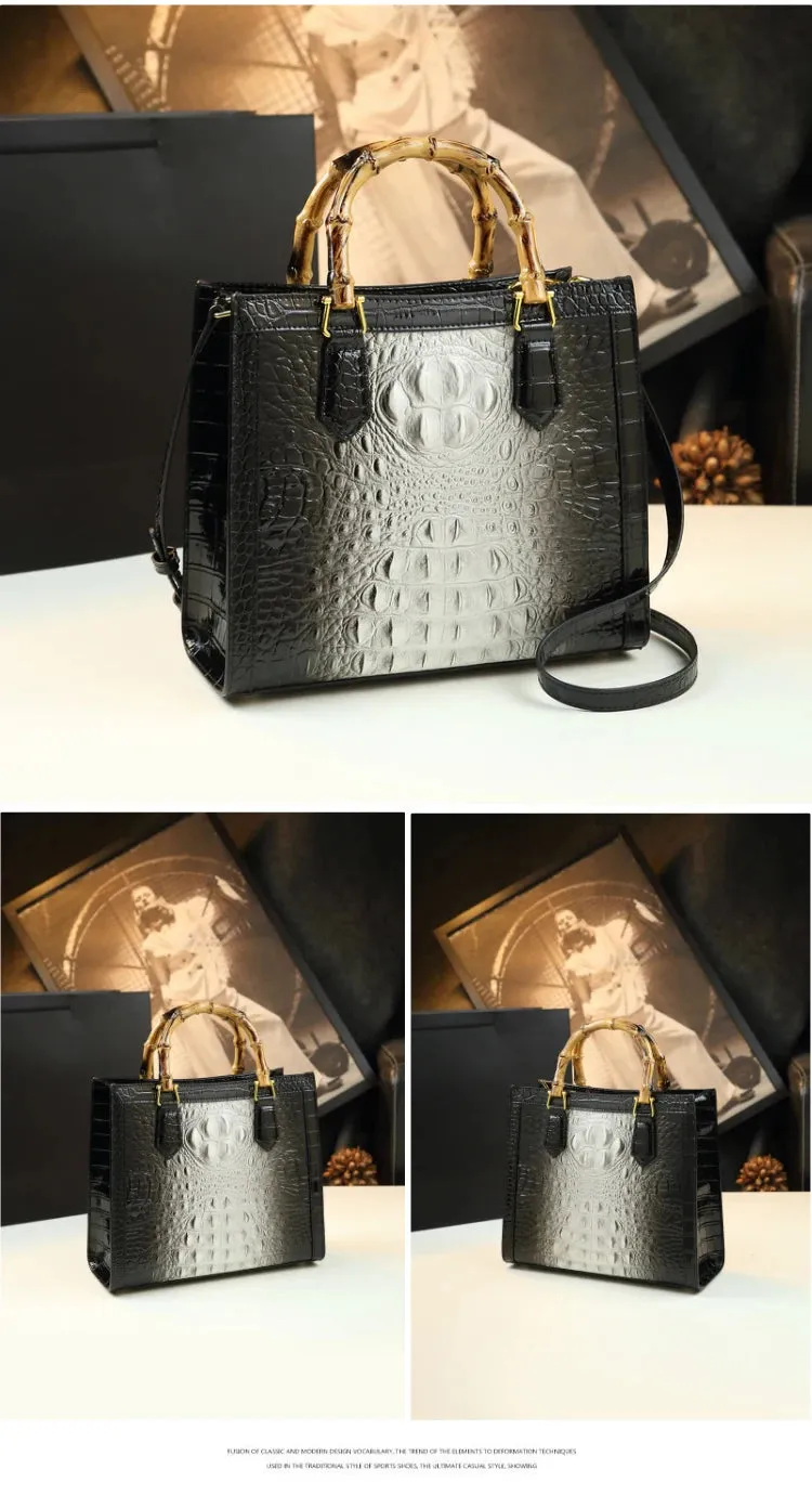 Crocodile Pattern Genuine Leather Structured Bag with Bamboo Handles
