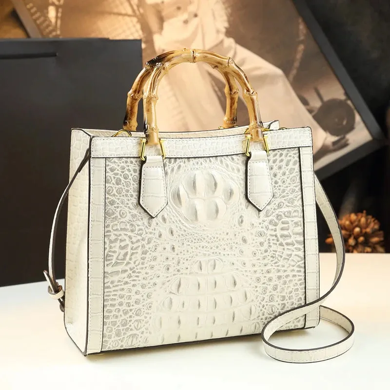 Crocodile Pattern Genuine Leather Structured Bag with Bamboo Handles