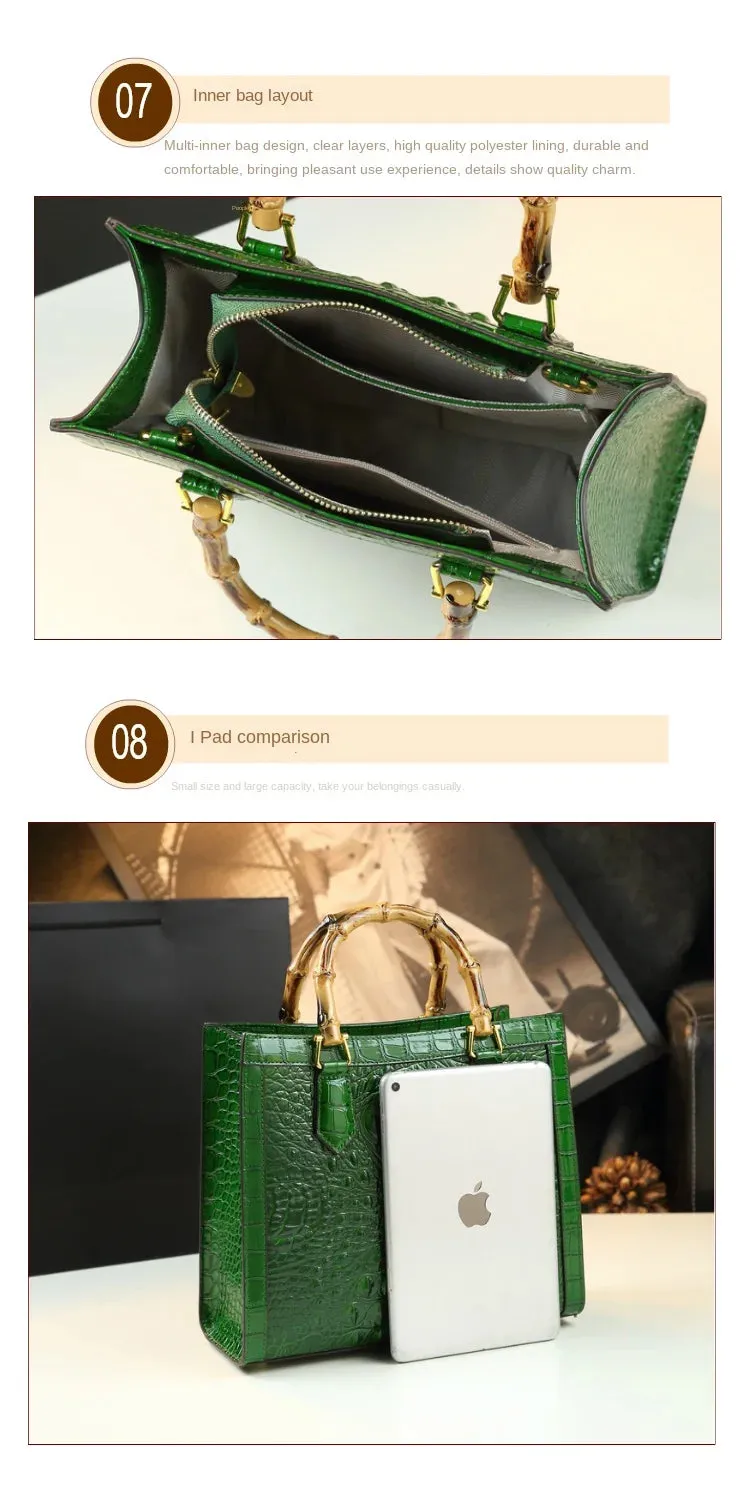 Crocodile Pattern Genuine Leather Structured Bag with Bamboo Handles