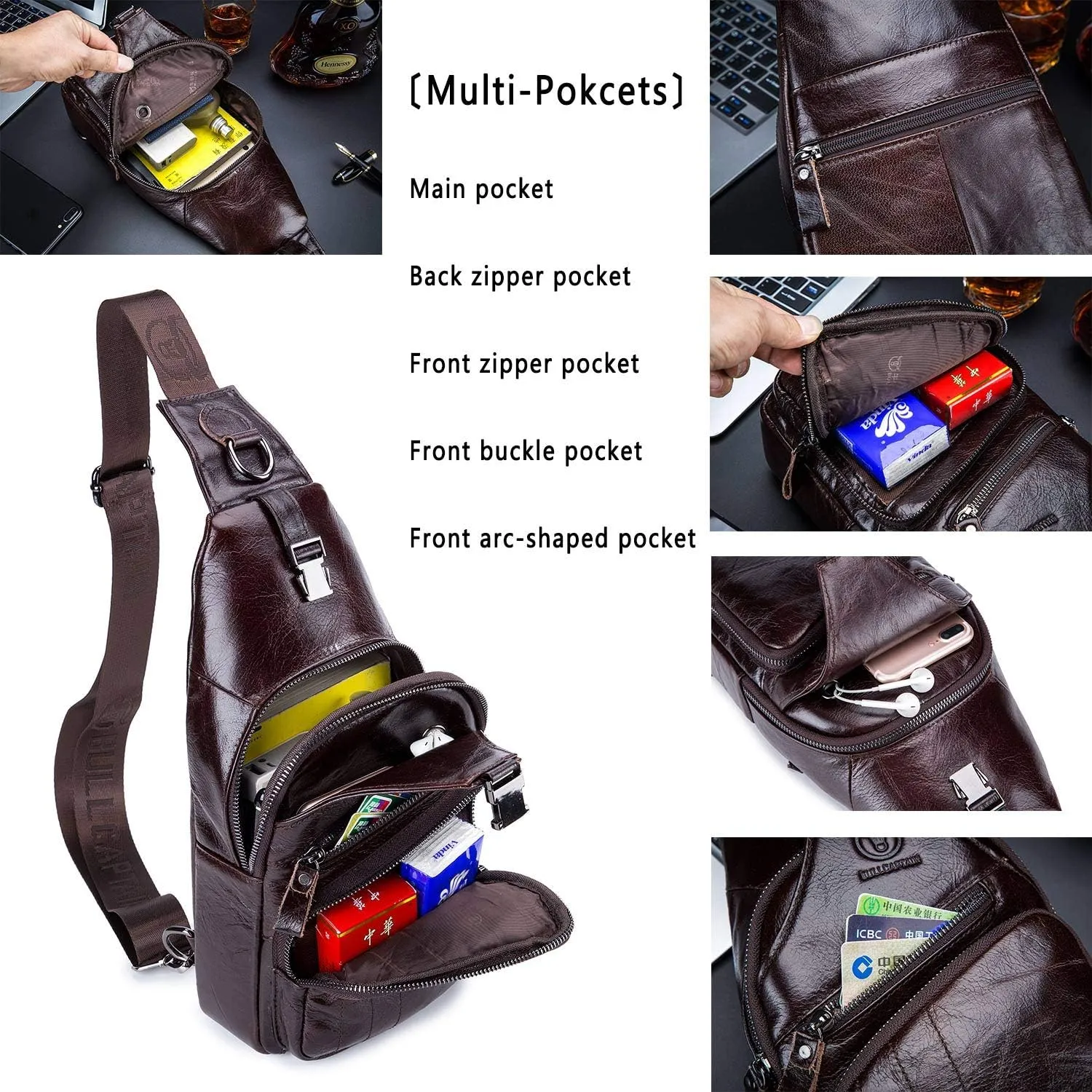 Cross body Bags for Men Leather Sling Bag Casual Daypacks Chest Bags Shoulder Bag Travel Hiking Backpacks