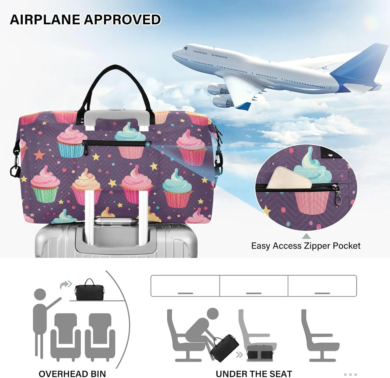 Cupcakes on Purple Duffle Bags Travel Luggage Bag with Toiletry Bag Mens Gym Bag Womens Duffle Bags