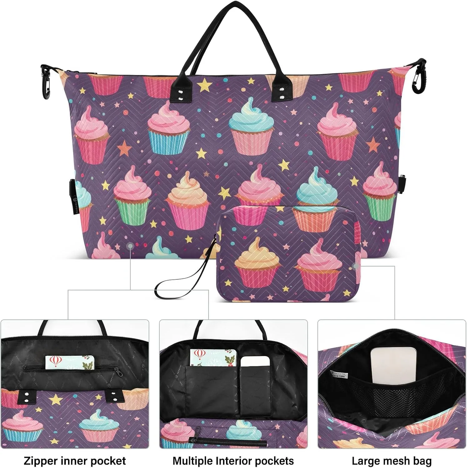 Cupcakes on Purple Duffle Bags Travel Luggage Bag with Toiletry Bag Mens Gym Bag Womens Duffle Bags