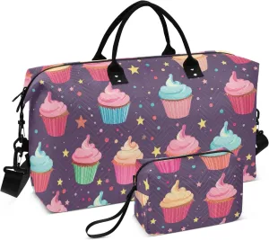 Cupcakes on Purple Duffle Bags Travel Luggage Bag with Toiletry Bag Mens Gym Bag Womens Duffle Bags