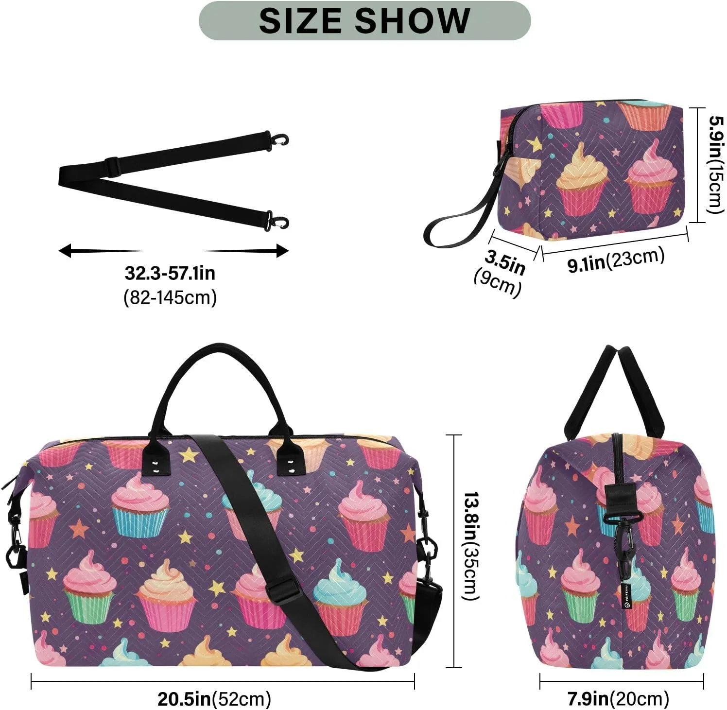Cupcakes on Purple Duffle Bags Travel Luggage Bag with Toiletry Bag Mens Gym Bag Womens Duffle Bags