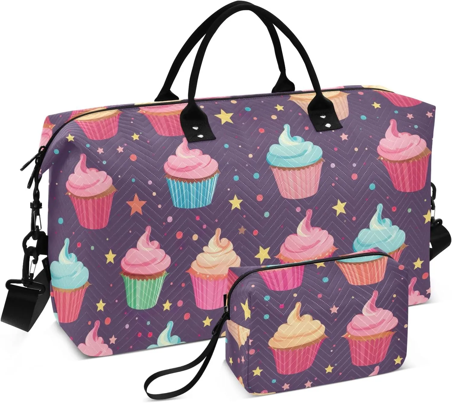 Cupcakes on Purple Duffle Bags Travel Luggage Bag with Toiletry Bag Mens Gym Bag Womens Duffle Bags