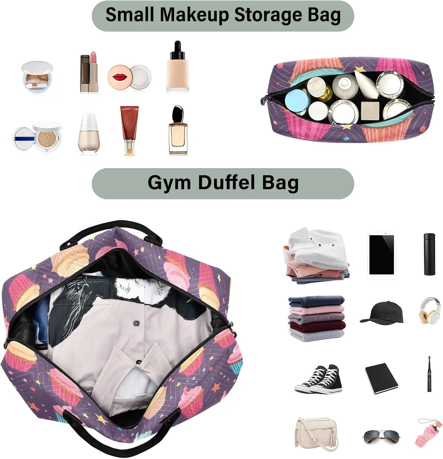 Cupcakes on Purple Duffle Bags Travel Luggage Bag with Toiletry Bag Mens Gym Bag Womens Duffle Bags