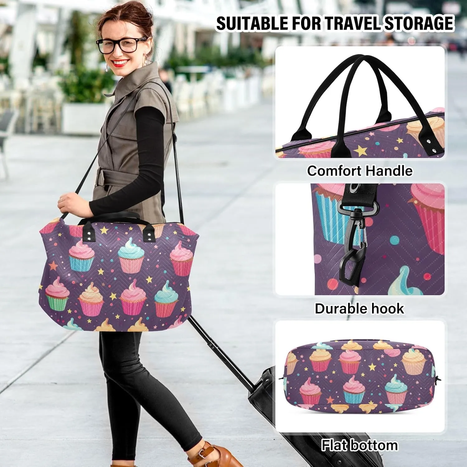 Cupcakes on Purple Duffle Bags Travel Luggage Bag with Toiletry Bag Mens Gym Bag Womens Duffle Bags