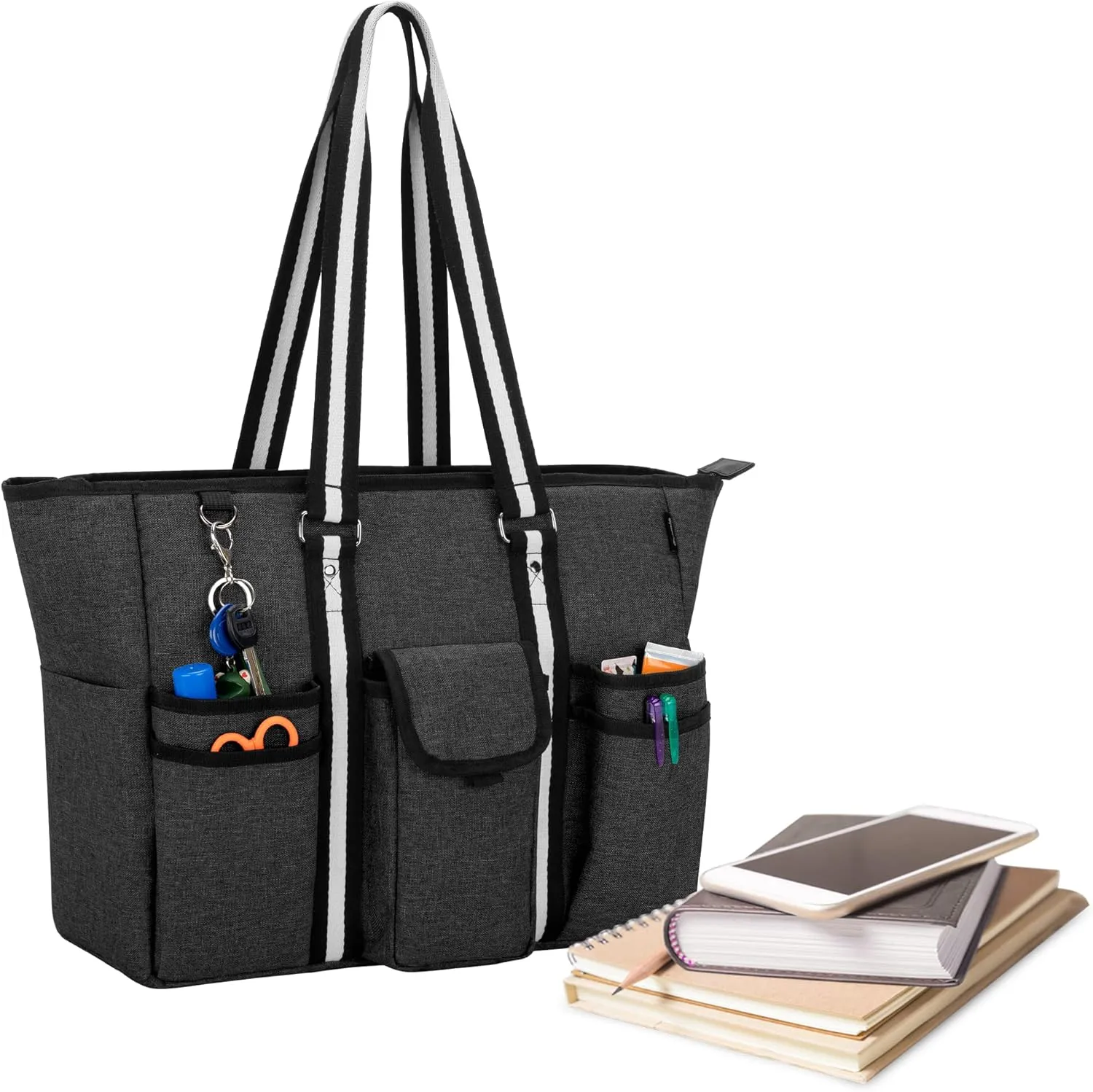 CURMIO Teacher Bags and Totes for Women, Large Work Utility Bag with Laptop Sleeve for Office, Black (Bag Only, Patented Design)
