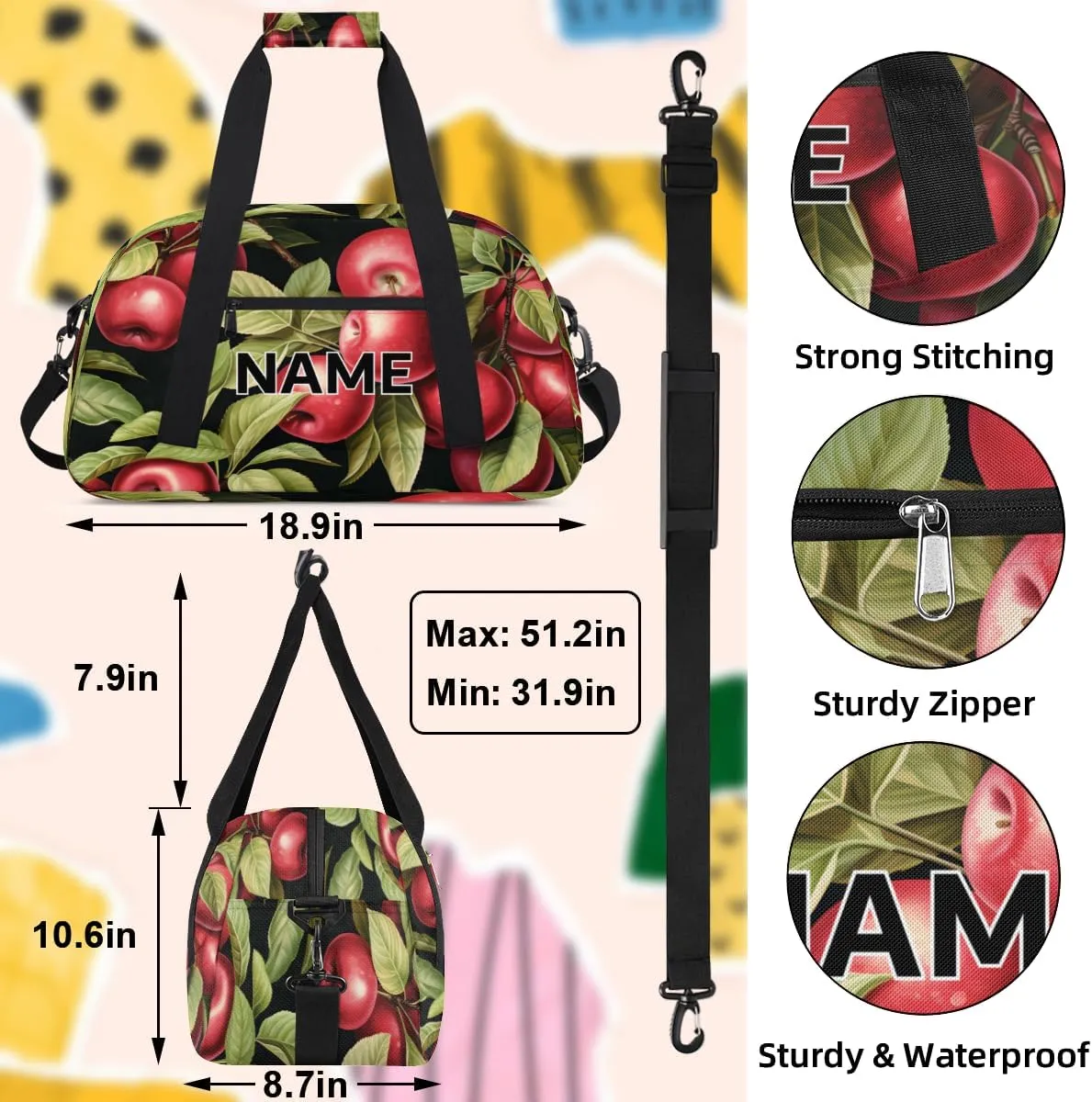 Custom Apples Small Gym Bag 18 inch for Women Men Personalized Fruit Apples Carry On Overnight Weekender Bag for Travel Work Dance Sport