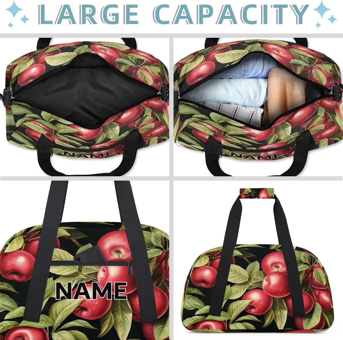 Custom Apples Small Gym Bag 18 inch for Women Men Personalized Fruit Apples Carry On Overnight Weekender Bag for Travel Work Dance Sport