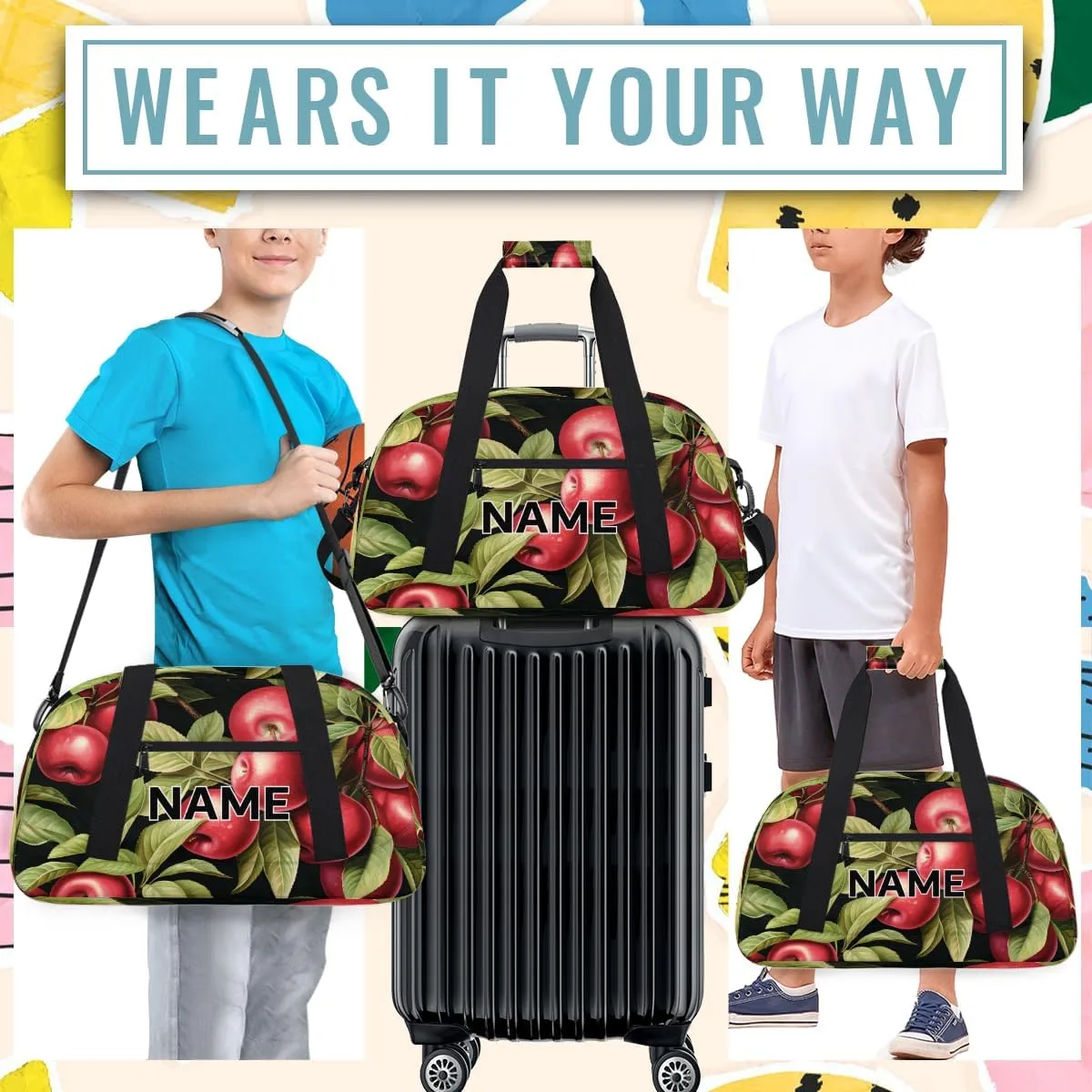 Custom Apples Small Gym Bag 18 inch for Women Men Personalized Fruit Apples Carry On Overnight Weekender Bag for Travel Work Dance Sport