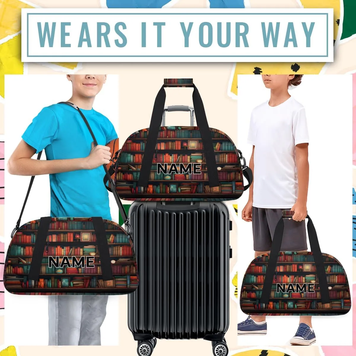 Custom Books Small Gym Bag 18 inch for Women Men Personalized Library Bookshelf Farmhouse Carry On Overnight Weekender Bag for Travel Work Dance Sport