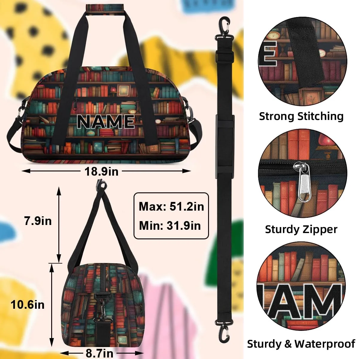 Custom Books Small Gym Bag 18 inch for Women Men Personalized Library Bookshelf Farmhouse Carry On Overnight Weekender Bag for Travel Work Dance Sport
