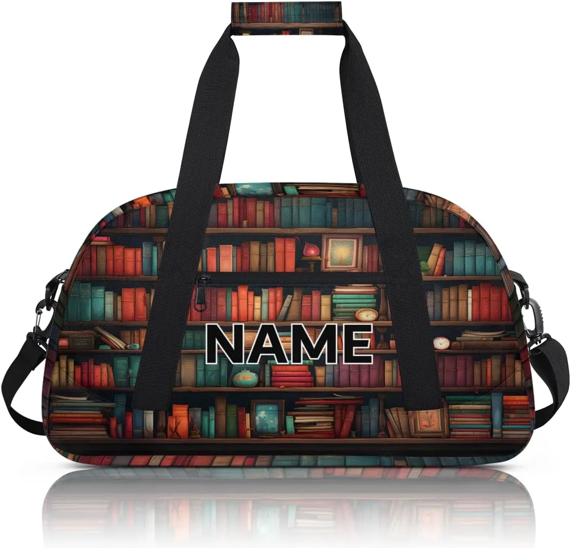 Custom Books Small Gym Bag 18 inch for Women Men Personalized Library Bookshelf Farmhouse Carry On Overnight Weekender Bag for Travel Work Dance Sport
