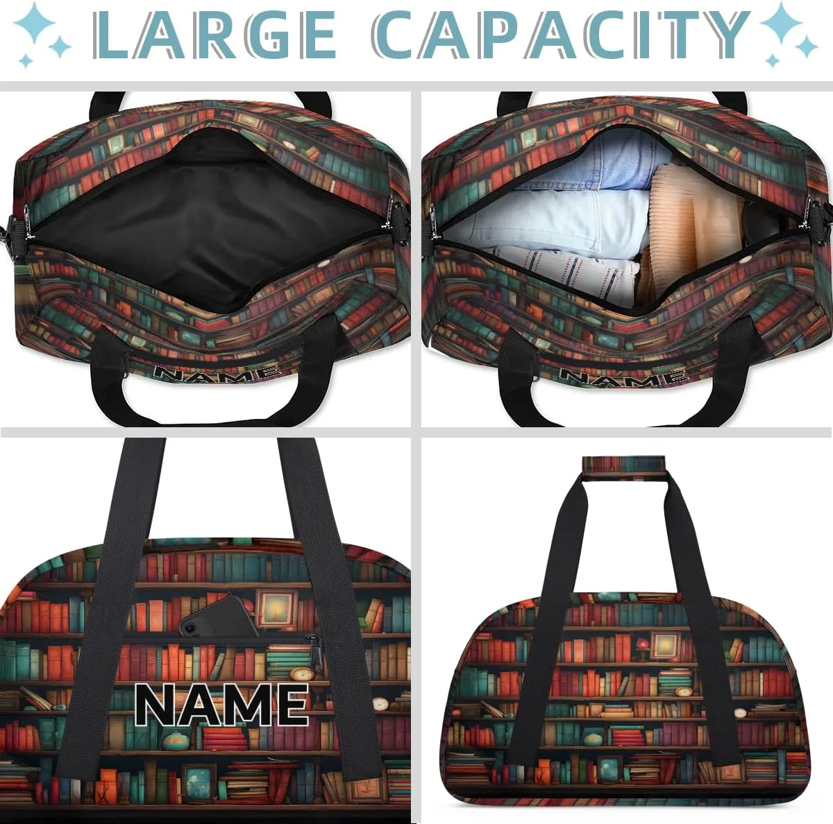 Custom Books Small Gym Bag 18 inch for Women Men Personalized Library Bookshelf Farmhouse Carry On Overnight Weekender Bag for Travel Work Dance Sport