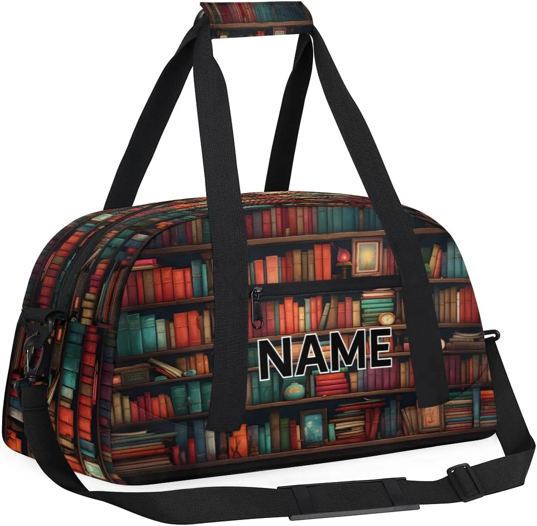 Custom Books Small Gym Bag 18 inch for Women Men Personalized Library Bookshelf Farmhouse Carry On Overnight Weekender Bag for Travel Work Dance Sport